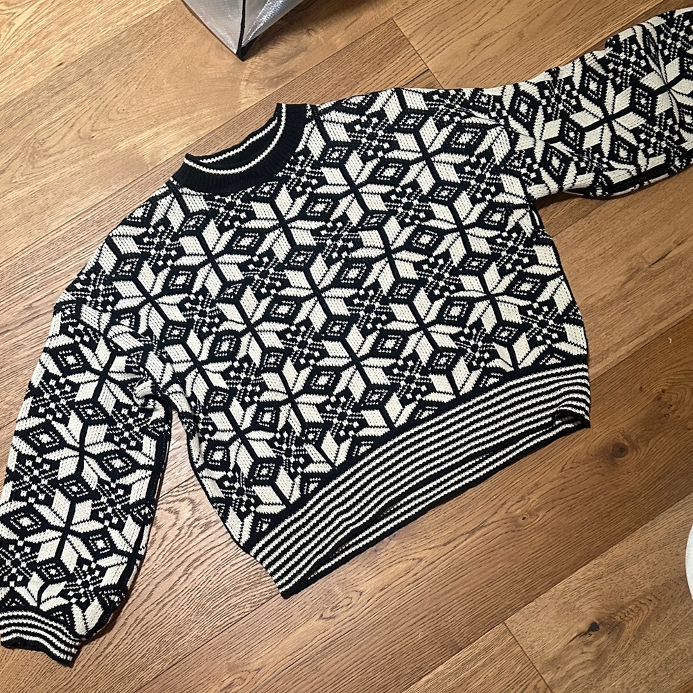 THE GREAT. Black and Cream Geometric Knit Crewneck Sweater